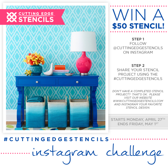 Cutting Edge Stencils is hosting an Instagram giveaway. Share your stencil project or favorite stencil to win a $50 Cutting Edge Stencils gift card. http://www.cuttingedgestencils.com/wall-stencils.html