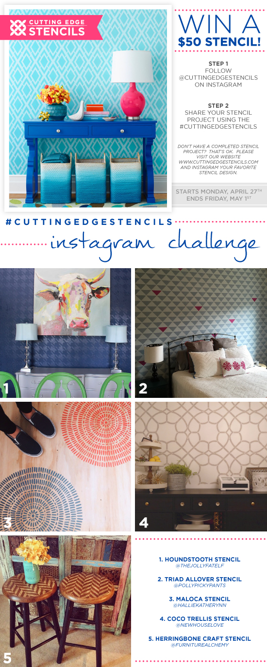 Cutting Edge Stencils is hosting an Instagram giveaway. Share your stencil project or favorite stencil to win a $50 Cutting Edge Stencils gift card. http://www.cuttingedgestencils.com/wall-stencils.html