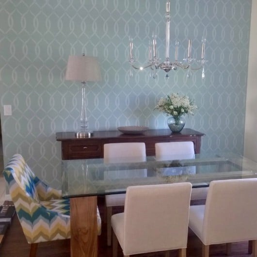 A blue DIY stenciled accent wall in a dining room using the Entwined Allover Stencil. http://www.cuttingedgestencils.com/stencil-pattern-2.html