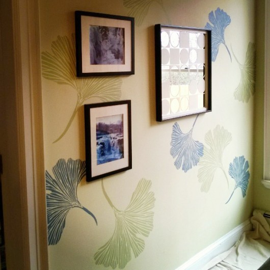 A DIY stenciled accent wall using the Chinese Ginkgo Stencil by Kim Myles. http://www.cuttingedgestencils.com/ginkgo-stencil-kim-myles.html