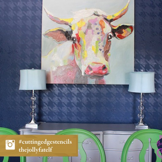 A DIY stenciled blue accent wall using the Houndstooth allover Stencil. http://www.cuttingedgestencils.com/wall_stencil_houndstooth.html