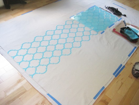 Stenciling DIY drop cloth curtains using the Moroccan Dream Allover pattern. http://www.cuttingedgestencils.com/moroccan-stencil-design.html