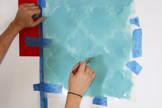 Stenciling the Moroccan Tiles pattern in a fun teal color. http://www.cuttingedgestencils.com/moroccan-tiles-wall-pattern.html