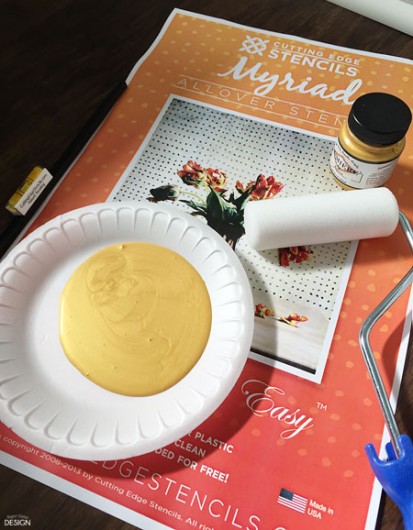 How to stencil a DIY gold polka dot duvet cover using the Myriad Allover Stencil. http://www.cuttingedgestencils.com/myriad-modern-wall-pattern-stencil.html