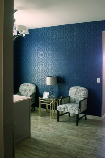 A DIY stenciled office using the Iron Gate Allover Stencil pattern in tone on tone navy blue. http://www.cuttingedgestencils.com/stencils-allover.html