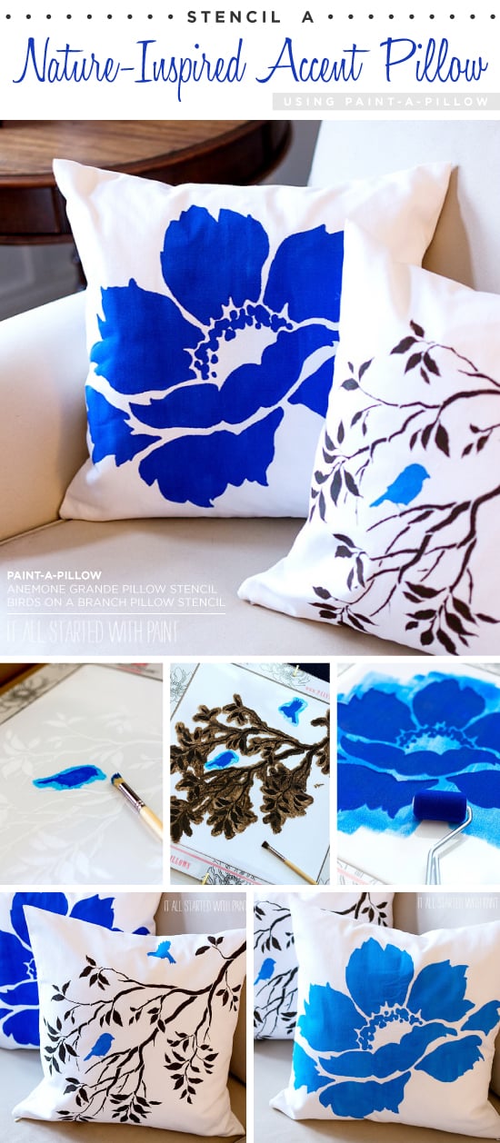Cutting Edge Stencils shares DIY nature-inspired accent pillows using the Birds on a Branch Paint-A-Pillow kit and Anemone Grande kit. http://paintapillow.com/index.php/birds-on-a-branch-paint-a-pillow-kit.html
