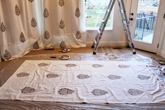 Stenciling DIY curtains using the Sari Paisley Stencil in medium.  http://www.cuttingedgestencils.com/wall-stencil-paisley.html