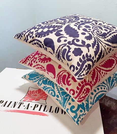 DIY stenciled accent pillows using the Paisley Paint-A-Pillow. http://paintapillow.com/index.php/paisleys-paint-a-pillow-kit.html
