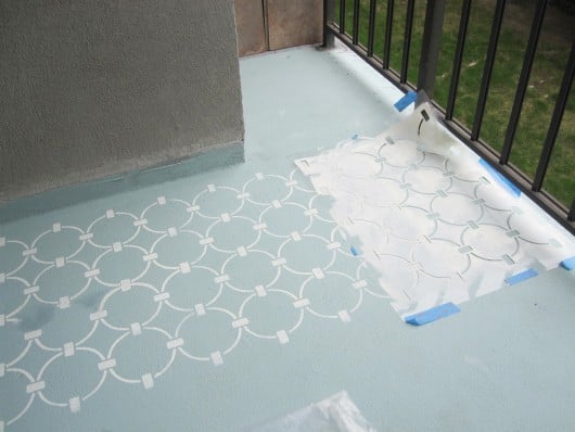 Stencling a DIY concrete balcony with the Chain Link Allover Stencil. http://www.cuttingedgestencils.com/link-stencil-pattern.html