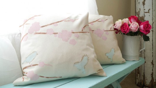 A DIY painted accent pillow using the Sakura and Birds Paint-A-Pillow. http://paintapillow.com/index.php/sakura-and-birids-paint-a-pillow-kit.html