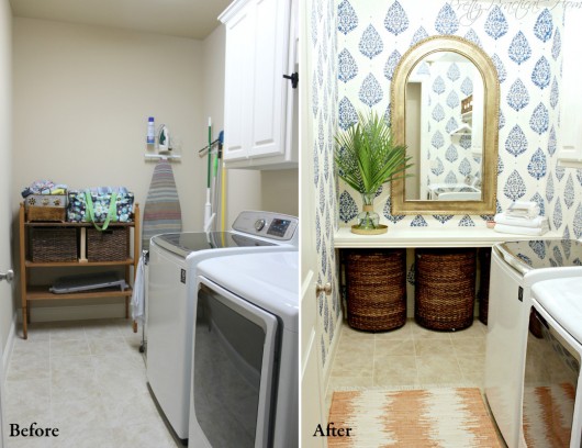 A before and after of a DIY stenciled laundry room idea using the Sari Paisley Stencil. http://www.cuttingedgestencils.com/sari-paisley-allover-stencil.html