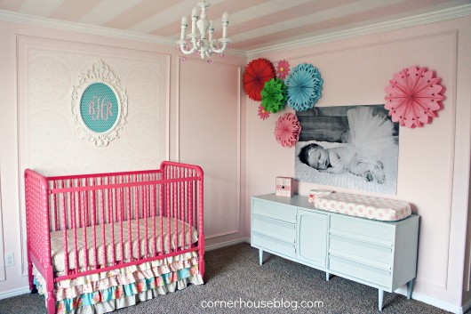 A DIY stenciled accent wall in a shabby chic nursery using the Charlotte Allover Stencil. http://www.cuttingedgestencils.com/charlotte-allover-stencil-pattern.html