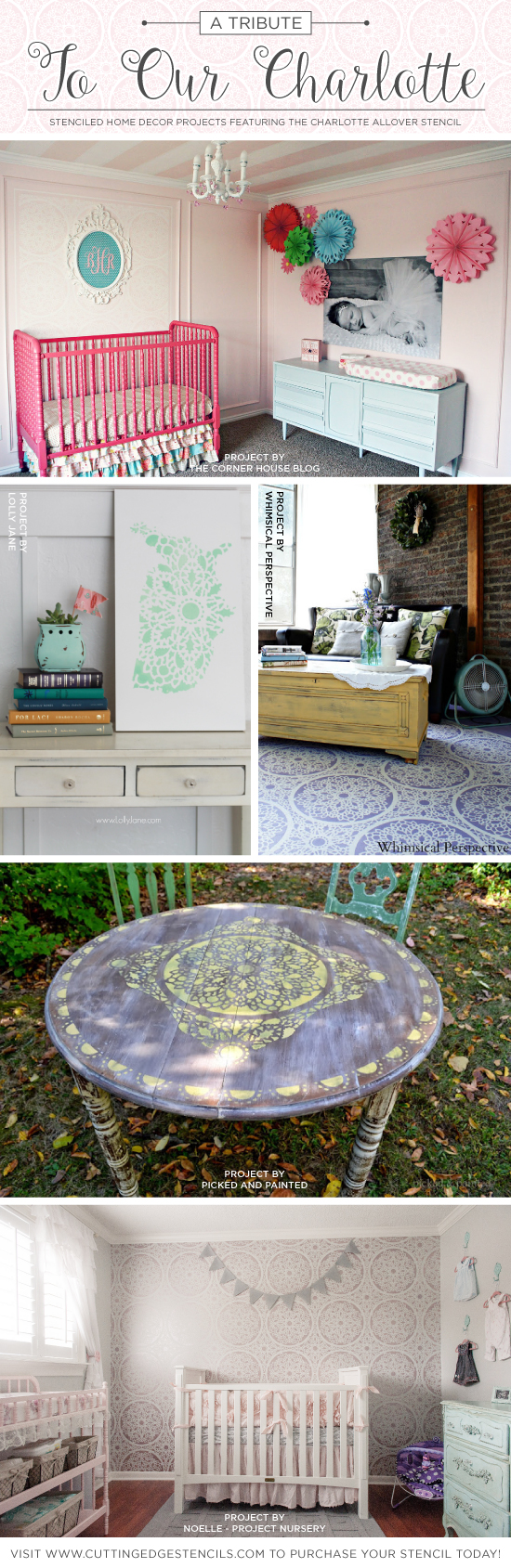 Cutting Edge Stencils shares DIY stencil projects using the lace-like Charlotte Allover Stencil. http://www.cuttingedgestencils.com/charlotte-allover-stencil-pattern.html