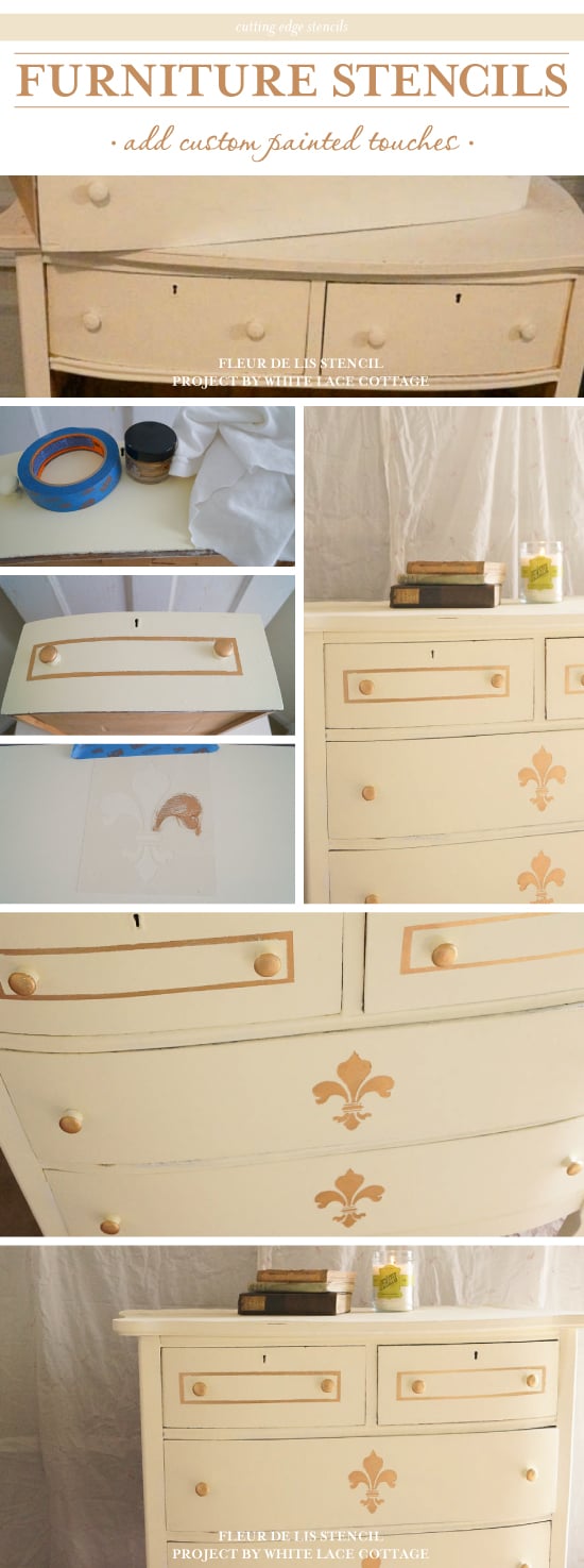 A DIY stenciled dresser using the Fleur de Lis Stencil. http://www.cuttingedgestencils.com/fleur-de-lis-stencils.html