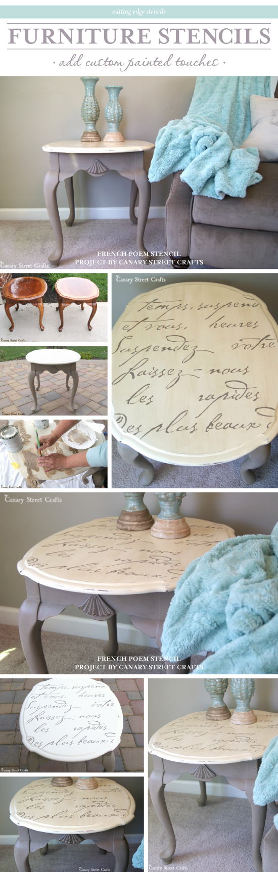 A DIY stenciled side table using the French Poem Allover stencil. http://www.cuttingedgestencils.com/french-poem-typography-letter-stencil.html