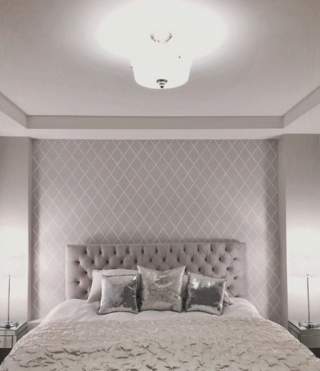 A DIY stenciled bedroom accent wall using the Harlequin Trellis Allover Stencil. http://www.cuttingedgestencils.com/trellis-stencil-harlequin.html