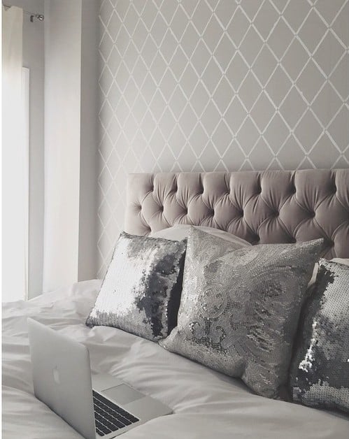 A DIY stenciled bedroom accent wall using the Harlequin Trellis Allover Stencil. http://www.cuttingedgestencils.com/trellis-stencil-harlequin.html