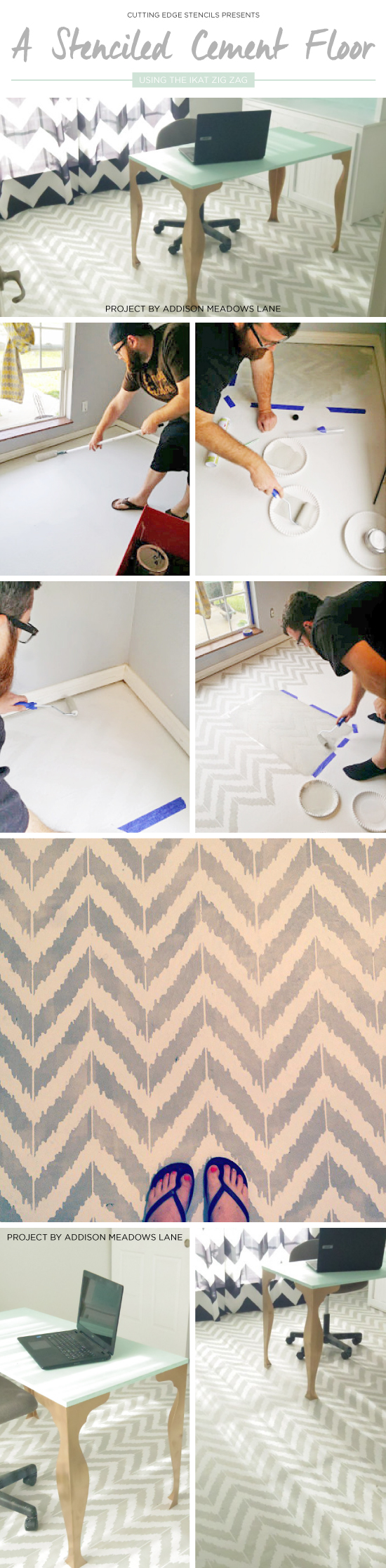 Cutting Edge Stencils shares a DIY painted and stenciled cement floor using the Ikat Zig Zag Stencil. http://www.cuttingedgestencils.com/zigzag-stencil-pattern.html