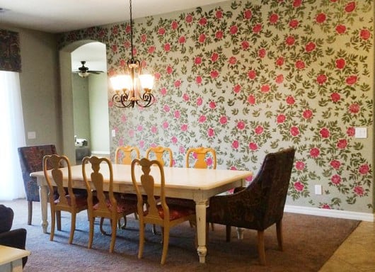 A DIY stenciled accent wall in a dining room using the Japanese Peonies Allover pattern. http://www.cuttingedgestencils.com/japanese-peonies-floral-stencil-pattern.html