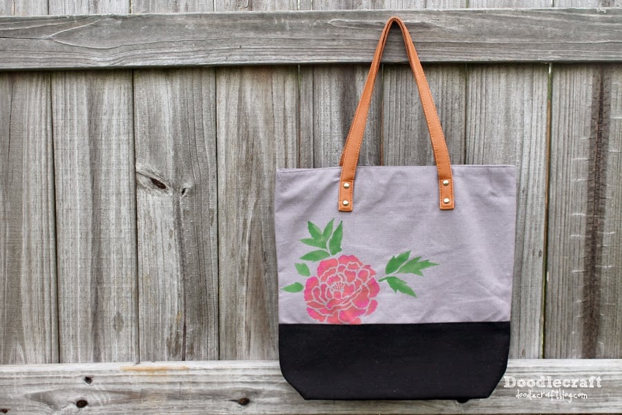 A DIY stenciled tote bag using the Japanese Peonies Allover Stencil. http://www.cuttingedgestencils.com/japanese-peonies-floral-stencil-pattern.html