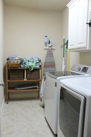 A laundry room before its stenciled makeover. http://www.cuttingedgestencils.com/sari-paisley-allover-stencil.html