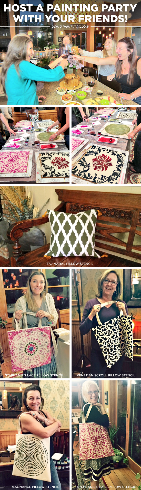 Cutting Edge Stencils shares how to host a Paint-A-Pillow craft night to make DIY accent pillows. http://paintapillow.com/index.php/paint-a-pillow-6-pillow-party-kit.html