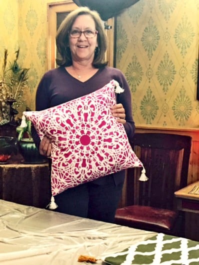 A DIY stenciled accent pillow using the Stephanie's Lace Paint-A-Pillow kit. http://paintapillow.com/index.php/stephanie-s-lace-paint-a-pillow-kit.html