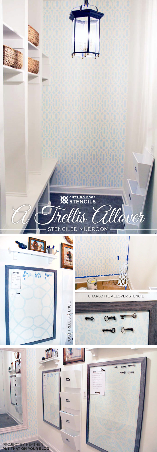 Cutting Edge Stencils shares a DIY stenciled accent wall in a mudroom featuring the Trellis Allover wall pattern. http://www.cuttingedgestencils.com/allover-stencil.html