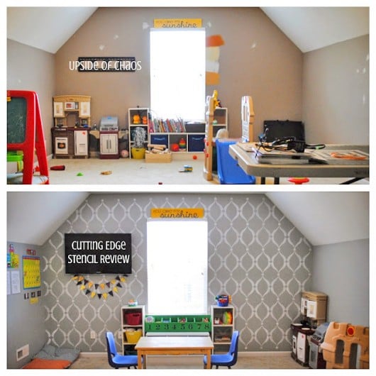 A before and after of a stenciled playroom using the Sweet Dreams Stencil on an accent wall. http://www.cuttingedgestencils.com/stencil-dreams.html