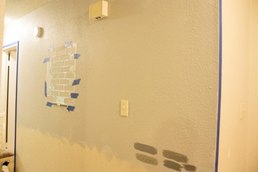 Stenciling a Brick Allover pattern in a hallway. http://www.cuttingedgestencils.com/bricks-stencil-allover-pattern-stencils.html