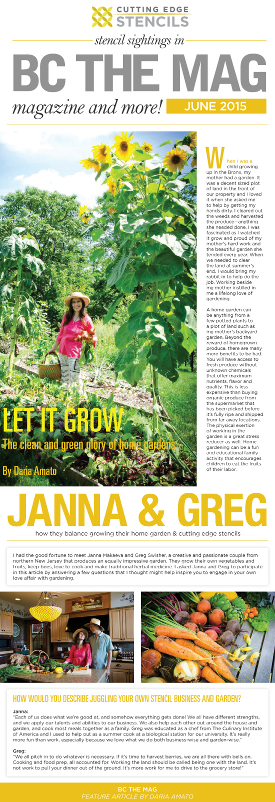 Greg and Janna from Cutting Edge Stencils were featued in Bergen County Magazine for their home garden, beekeeping, and herbal medicine tips. http://www.cuttingedgestencils.com/wall-stencils.html