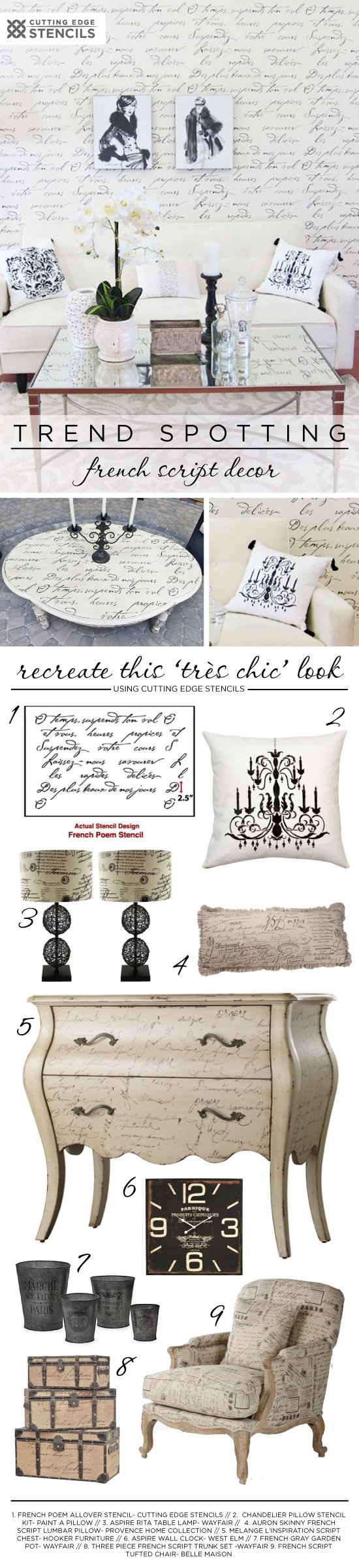Recreate the French Typography home decor trend these DIY projects using the French Poem Stencil.  http://www.cuttingedgestencils.com/french-poem-typography-letter-stencil.html