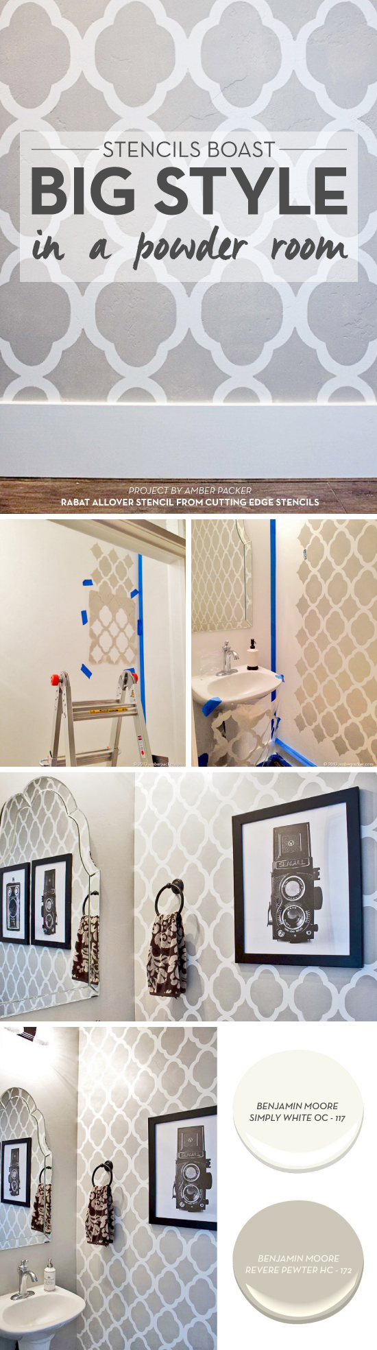 Cutting Edge Stencils shares a powder room makeover using the Rabat Allover Stencil in gray and white. http://www.cuttingedgestencils.com/moroccan-stencil-pattern-3.html