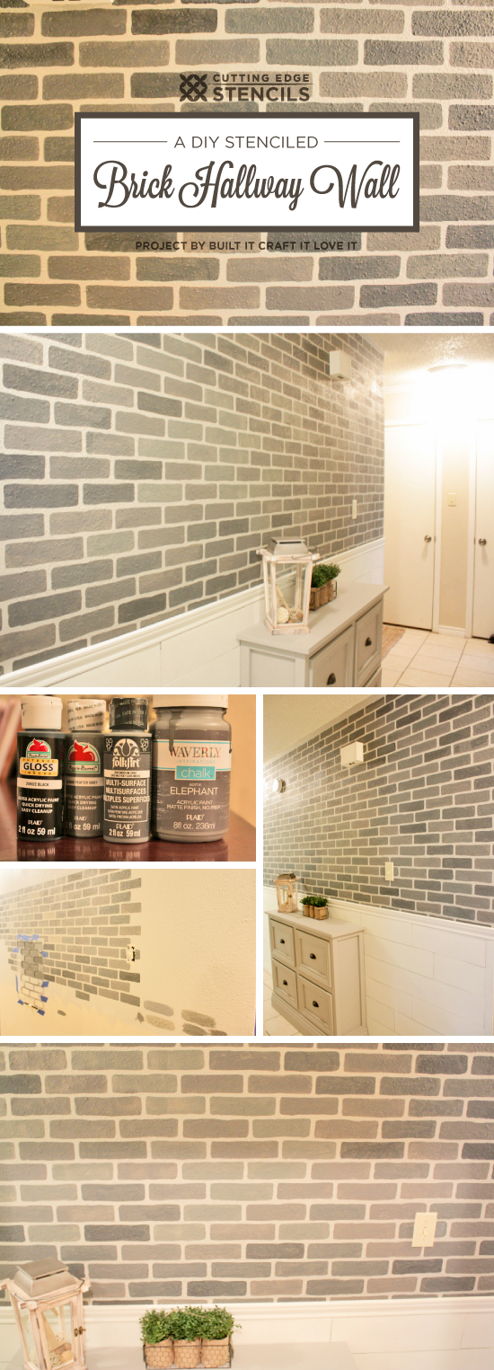 Cutting Edge Stencils shares a DIY stenciled hallway accent wall using the Brick Allover Stencil in gray colors. http://www.cuttingedgestencils.com/bricks-stencil-allover-pattern-stencils.html