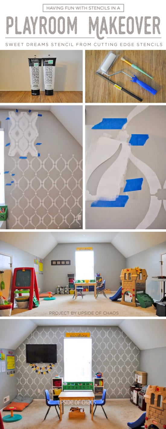 Cutting Edge Stencils shares a DIY stenciled playroom accent wall using the Sweet Dreams Stencil. http://www.cuttingedgestencils.com/stencil-dreams.html