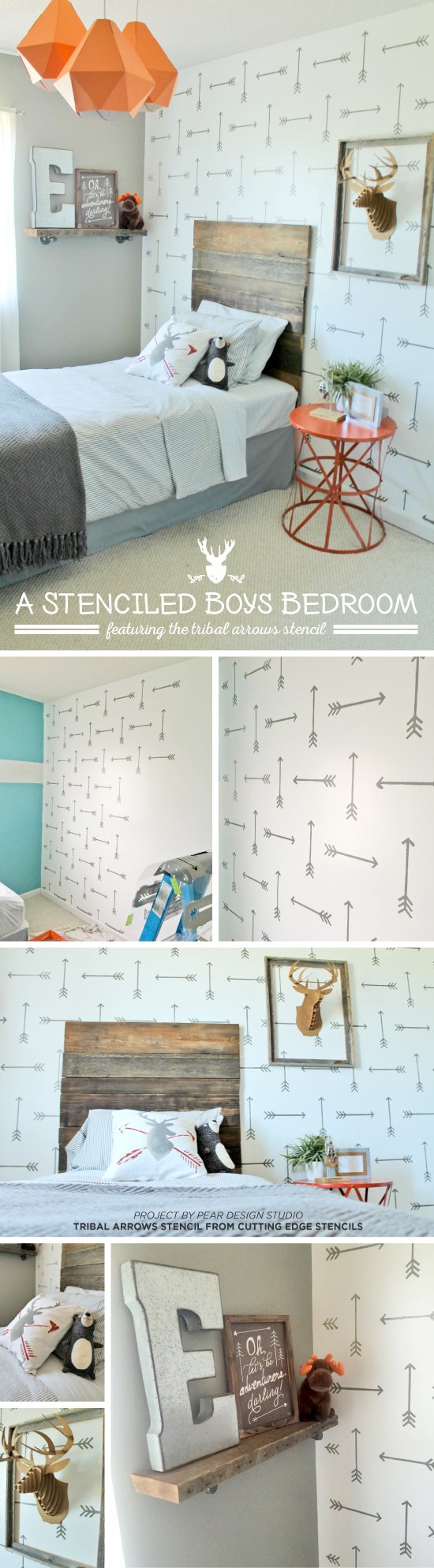 Cutting Edge Stencils shares a DIY stenciled accent wall in a rustic boys room using the Tribal Arrows Allover Stencil. http://www.cuttingedgestencils.com/tribal-arrow-pattern-stencils-wall-decor.html