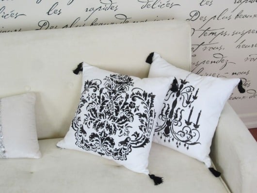 DIY painted accent pillows for a French Glam inspired space using the Brocade Paint-A-Pillow kit. http://paintapillow.com/index.php/brocade-no-1-paint-a-pillow-kit.html