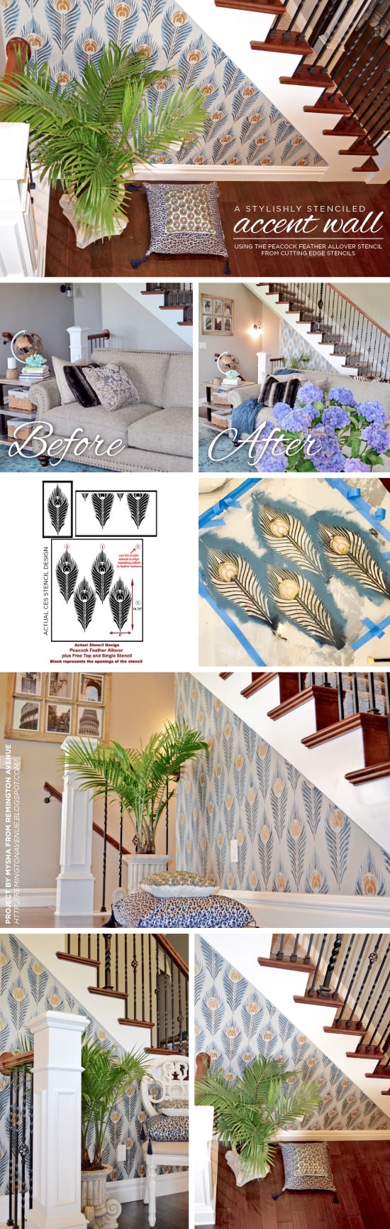 Cutting Edge Stencils shares a DIY stenciled accent wall using the Peacock Feather Allover Stencil. Stenciling the Peacock Feather allover stencil pattern on an accent wall. http://www.cuttingedgestencils.com/peacock-feather-wall-stencil-pattern.html