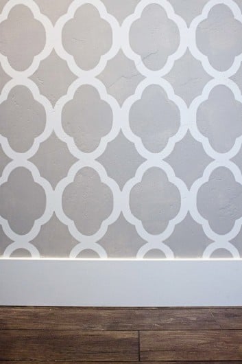 A DIY stenciled powder room using the Rabat Allover Stencil in a light gray. http://www.cuttingedgestencils.com/moroccan-stencil-pattern-3.html