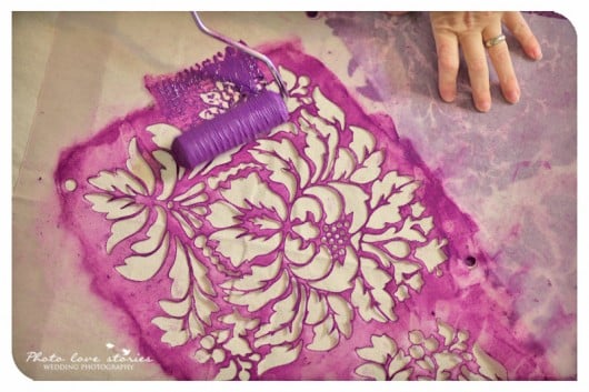 How to stencil DIY dropcloth curtains using the Kerry Damask Stencil. http://www.cuttingedgestencils.com/wall-damask-kerry.html
