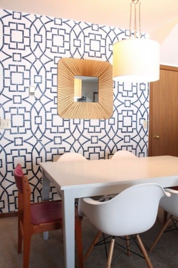 A DIY stenciled accent wall in a dining room using the Tea House Trellis stencil. http://www.cuttingedgestencils.com/tea-house-trellis-allover-stencil-pattern.html
