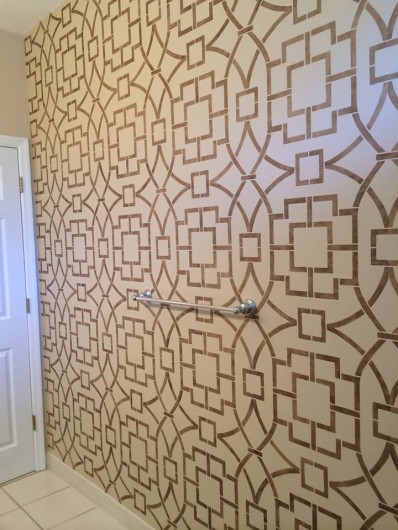 A DIY stenciled bathroom accent wall using the Tea House Trellis Allover Stencil. http://www.cuttingedgestencils.com/tea-house-trellis-allover-stencil-pattern.html