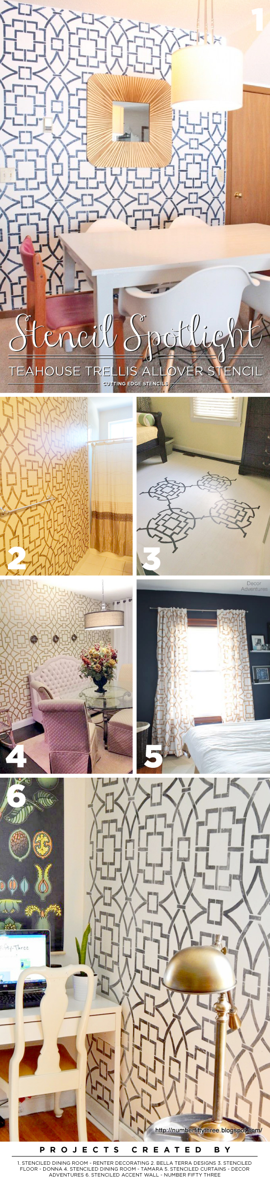 Cutting Edge Stencils shares DIY room ideas featuring the Tea House Trellis Allover wall pattern. http://www.cuttingedgestencils.com/tea-house-trellis-allover-stencil-pattern.html
