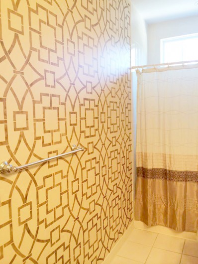 A DIY stenciled bathroom accent wall using the Tea House Trellis Allover Stencil. http://www.cuttingedgestencils.com/tea-house-trellis-allover-stencil-pattern.html