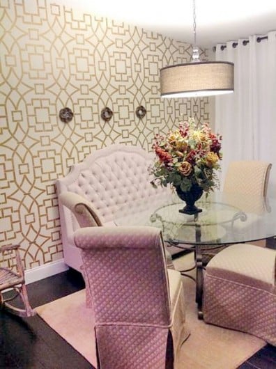 A DIY stenciled accent wall in a dining room using the Tea House Trellis stencil. http://www.cuttingedgestencils.com/tea-house-trellis-allover-stencil-pattern.html