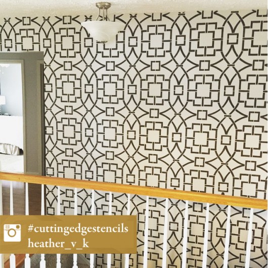 A DIY stenciled accent wall using the Tea House Trellis Allover Stencil. http://www.cuttingedgestencils.com/tea-house-trellis-allover-stencil-pattern.html