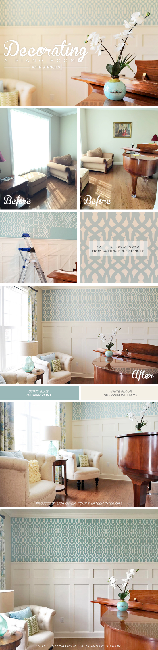 Cutting Edge Stencils shares a DIY stenciled accent wall in a piano room using the Trellis Allover Stencil in blue and white. http://www.cuttingedgestencils.com/allover-stencil.html