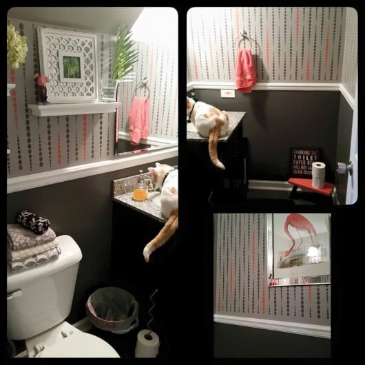 A DIY stenciled bathroom using the Beads Allover Stencil in pink and gray. http://www.cuttingedgestencils.com/beads-wall-stencil-pattern.html