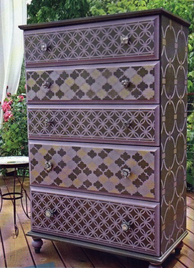 A DIY stenciled piece of furniture using the Chain Link Stencil in purple. http://www.cuttingedgestencils.com/link-stencil-pattern.html