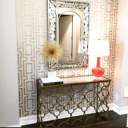 A DIY stenciled entryway using the Connection Allover Stencil. http://www.cuttingedgestencils.com/wallpaper-stencil-connection.html